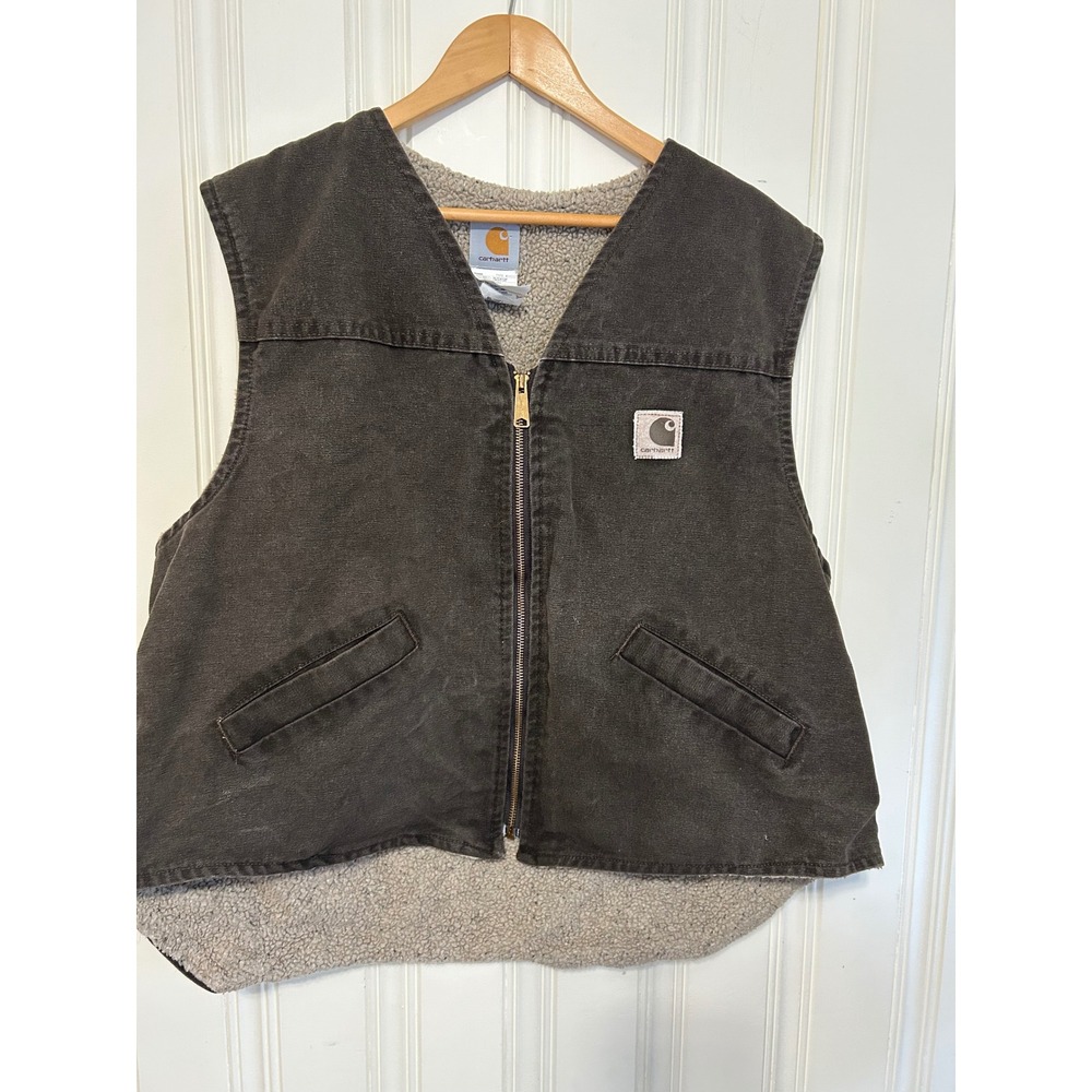 Carhartt Sandstone Brown Duck Vest Mens 2XL Brown Sherpa Lined Full Zip Canvas